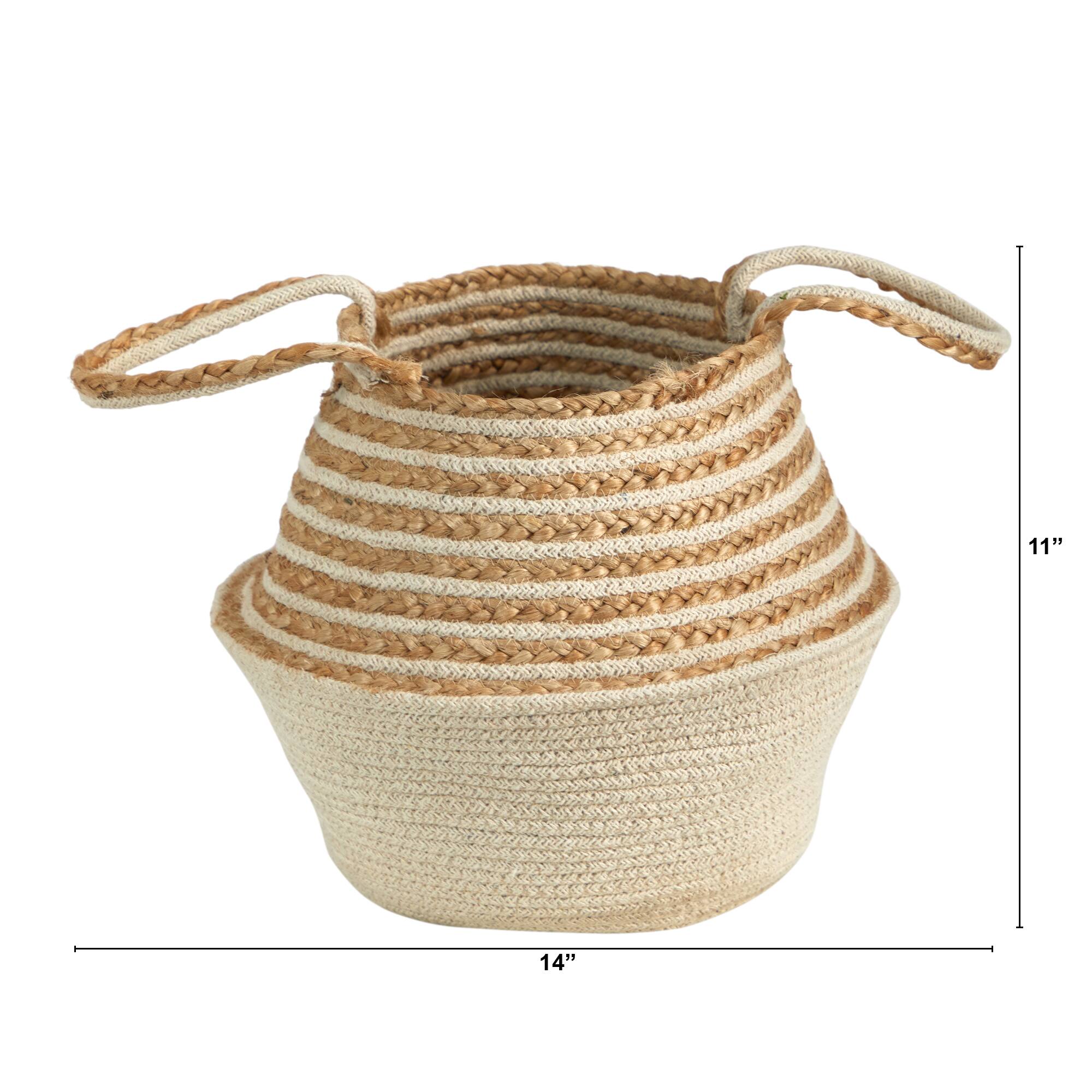 14'' Cream & Natural Cotton & Jute Boho Chic Belly Basket Planter
